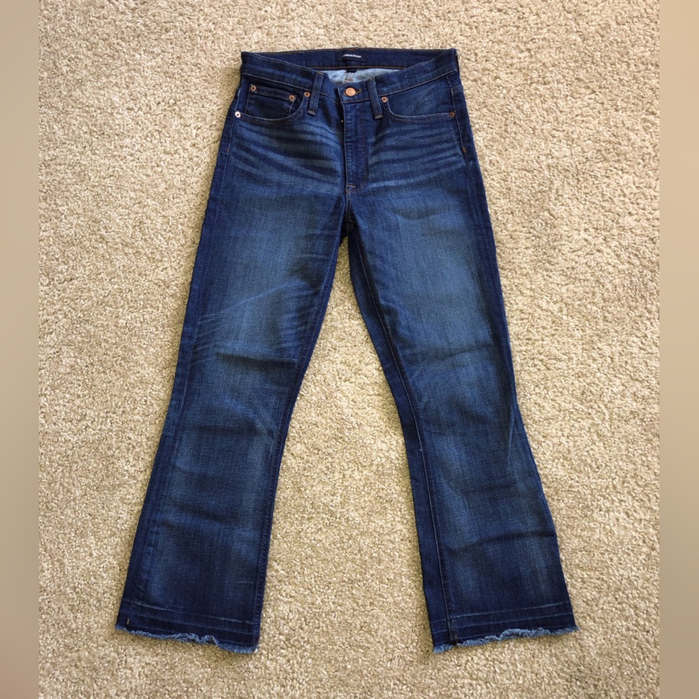 J. Crew Billie Denim Boot Crop Jean, 26”, size 27, medium blue, fringed hem.